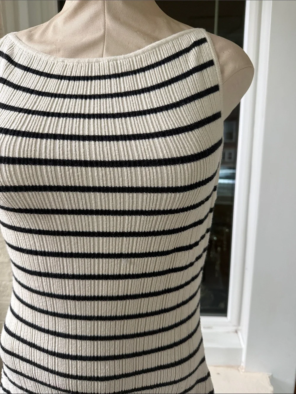 A&F Sleeveless Black & White Striped Rib Knit Maxi Dress